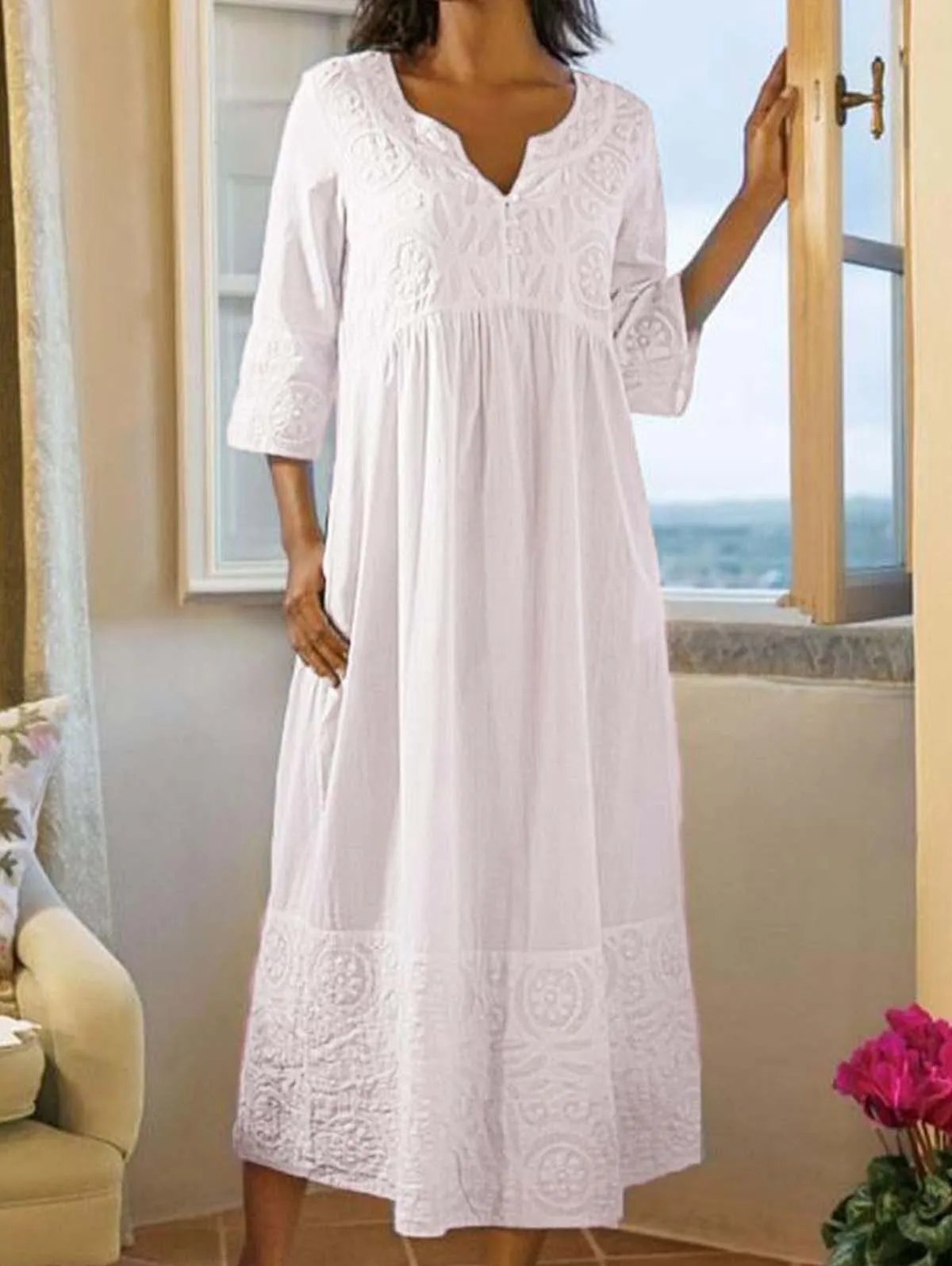 

Женское винтажное платье с коротким рукавом, повседневное однотонное платье свободного покроя с глубоким V-образным вырезом, элегантное Хлопковое платье оверсайз, лето 2022