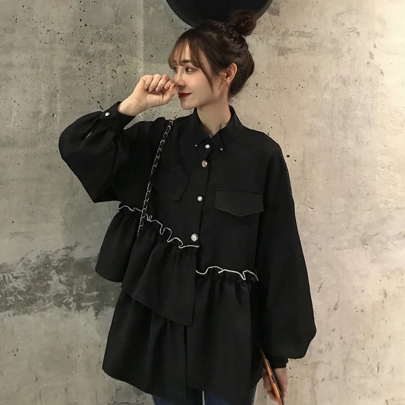 

2023 New Spring and Autumn Korean Edition Student Hong Kong Style Shirt Coat Women's Retro Irregular Loose Long Sleeve Shirt Top