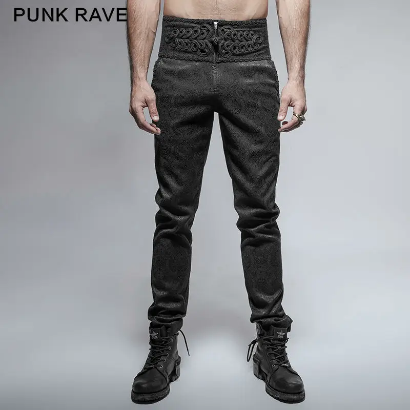 PUNK RAVE Mens Gothic Pants Fashion Retro Daily Peacock Button Casual High Waist Slim-Fit Formal Court Trousers Wedding Pants