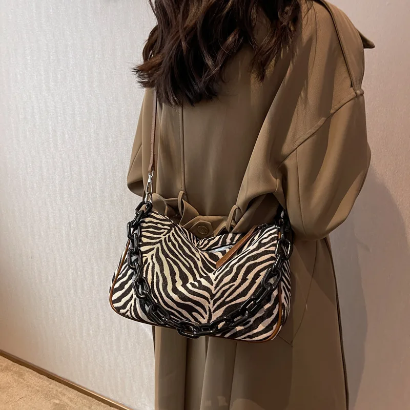 Zebra-stripe Acrylic Chain Shoulder Underarm Bags Fashion Women's New Canvas Crossbody Bag Soft Casual Commute Portable Satchel