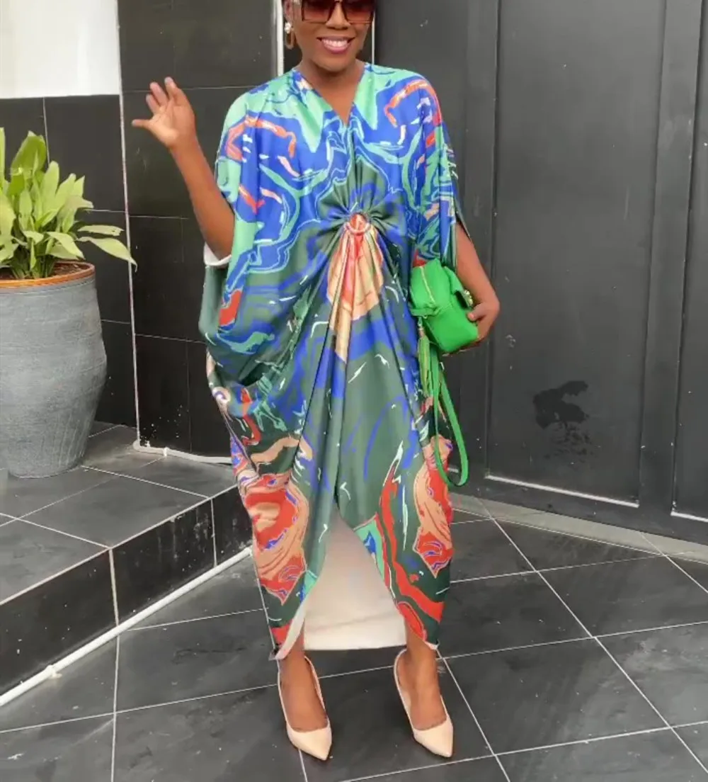 Plus Size Satin Dress Women Print Loose Wide Elegant Cloth Lady Casual Long Robe 2023 Summer Trendy Evening Party New In Dress