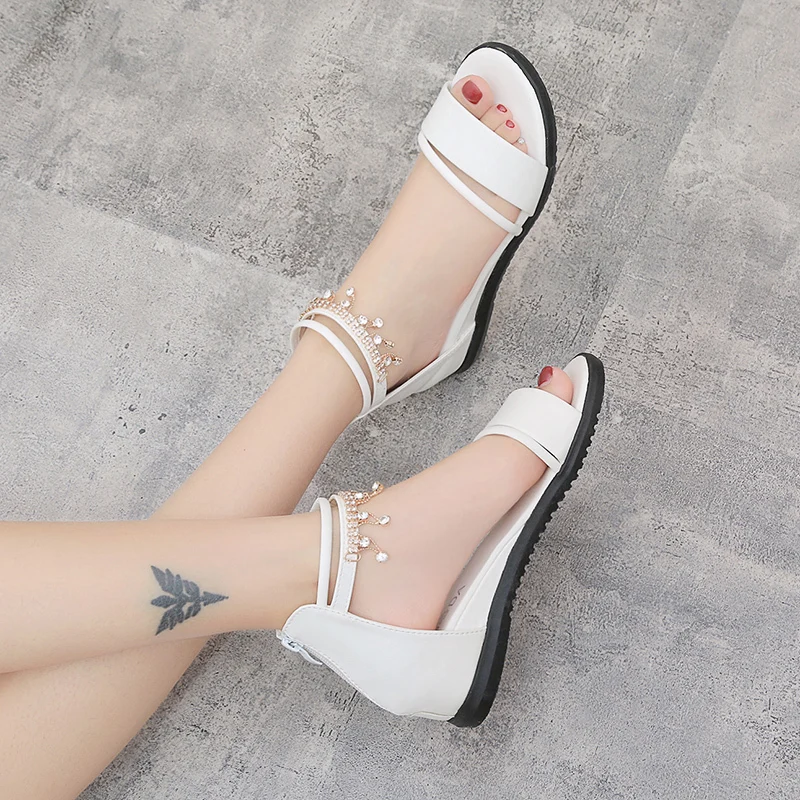 

Roman Sandals Women 2022 Korean Women's Sandals Open-toe Wedges Rhinestone Women's Shoes Inner Height Zipper Shoes Women