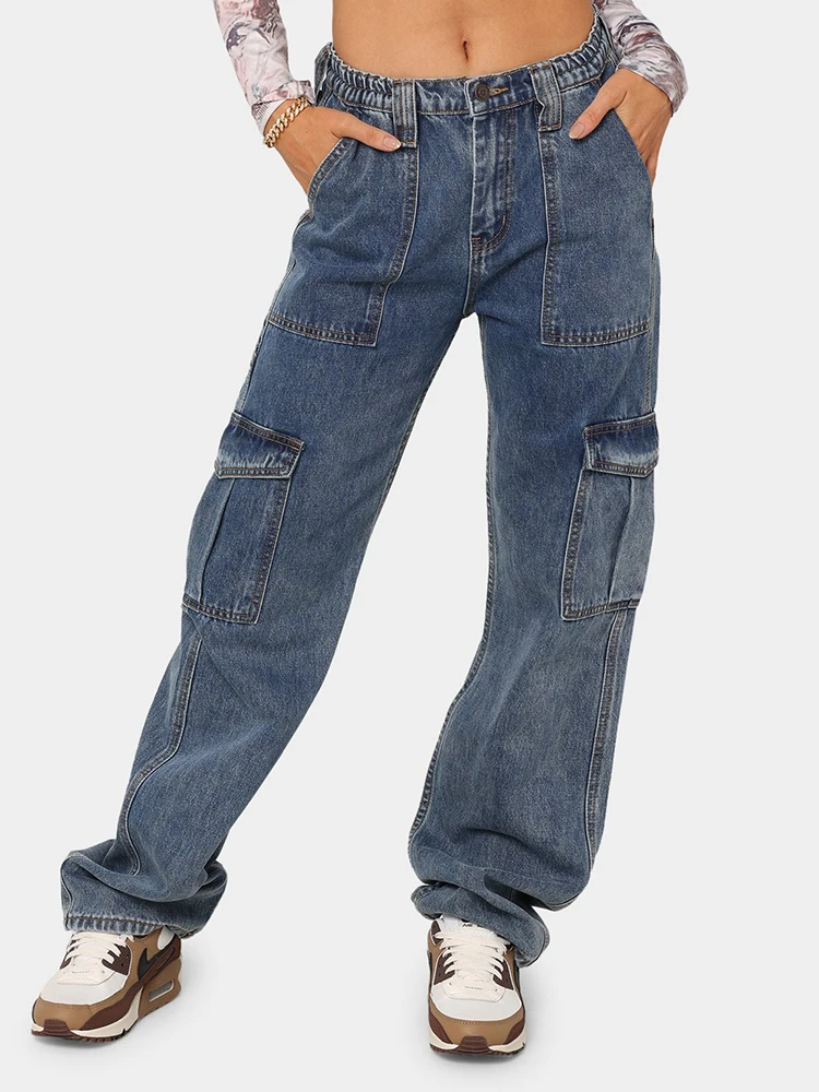 

New Fashion Women Denim Wide-leg Pants Casual Loose Straight-leg Jeans Multiple Pockets Solid Streetwear Female Clothes