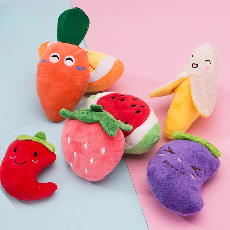 Dog Toy Cartoon Fruit and Vegetable Plush Sound Toy Funny Interactive Grinding Toy Cute Color Fruit Pet Puppy Grinding  Tool