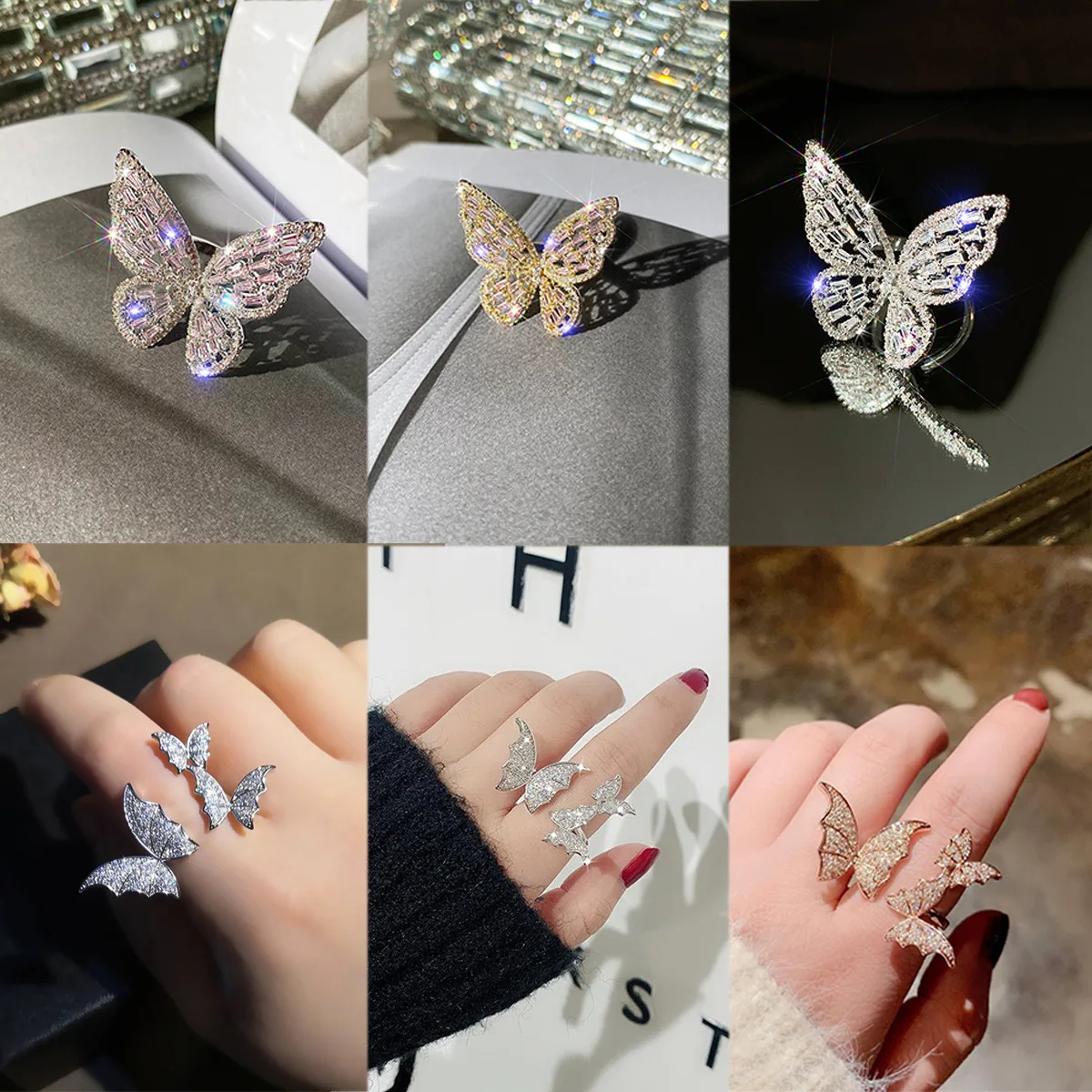 

New Design Jewelry High-grade Fairy Copper Inlaid Zircon Butterfly Ring Luxury Shiny Cocktail Party Opening Ring for Women