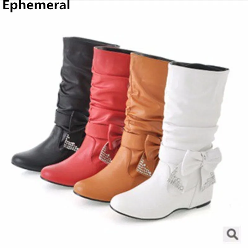 

Ladies Big Size 34-47 Warm Velvet Bow Rhinestone Round Toe Soft Leather Mid-calf High Boot Winter Wedges Booty Women Girls Shoes