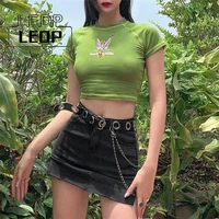 ledp butterfly pattern clothes shirt vintage clothing t shirt letter print stitch green crop top o neck short sleeve t shirt