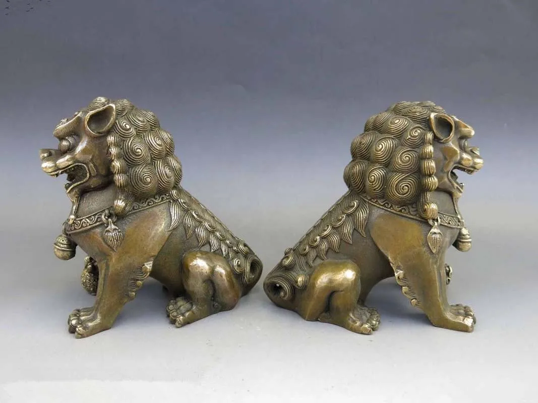Китайская антикварная бронза Feng Shui Fu Foo Dog Статуя льва Дверной бог пара львов