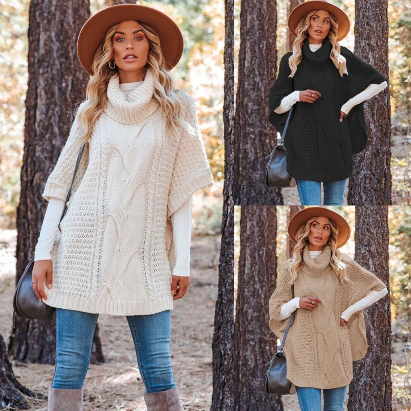 

2022 Autumn and Winter New Sweater High Collar Twist Shawl Women's Knitted Pullover Bat Sleeve Loose Long Casual Split Tops