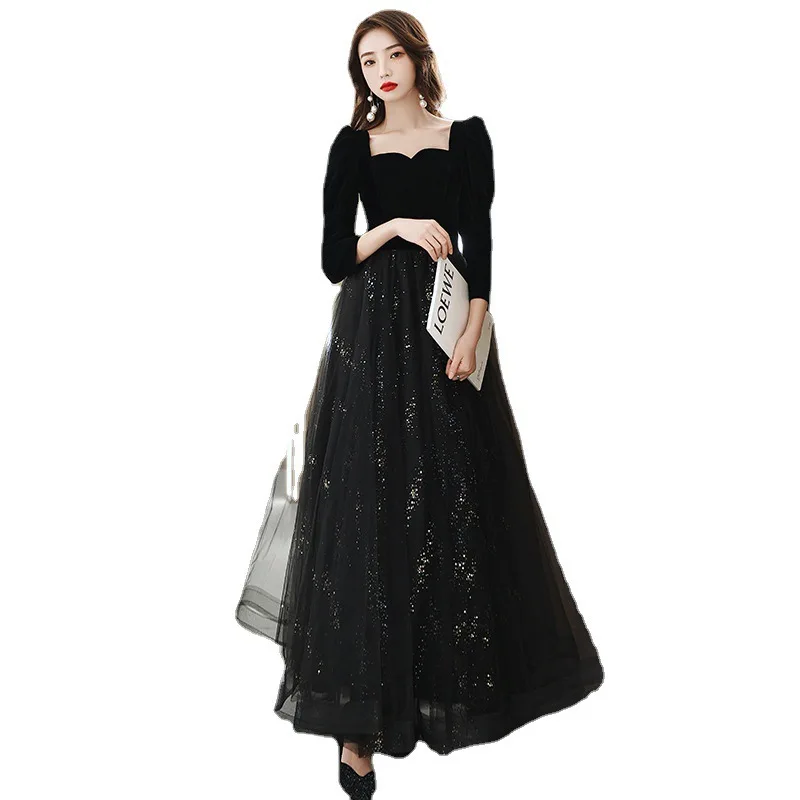 Black banquet evening dress spring long sleeve dress long square neck temperament mesh French annual meeting evening dress