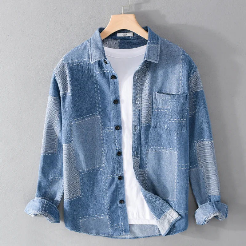 

2022 Autumn Winter New Men Retro and Old Personality Patchwork Denim Shirt Blue Cotton Casual Workwear