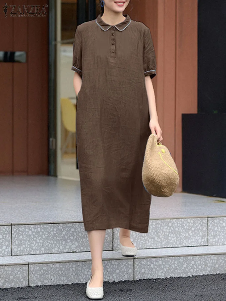 

Платье ZANZEA женское с коротким рукавом, поясом и отложным воротником, прямой сарафан с карманами, модное повседневное Хлопковое платье миди, лето 2023
