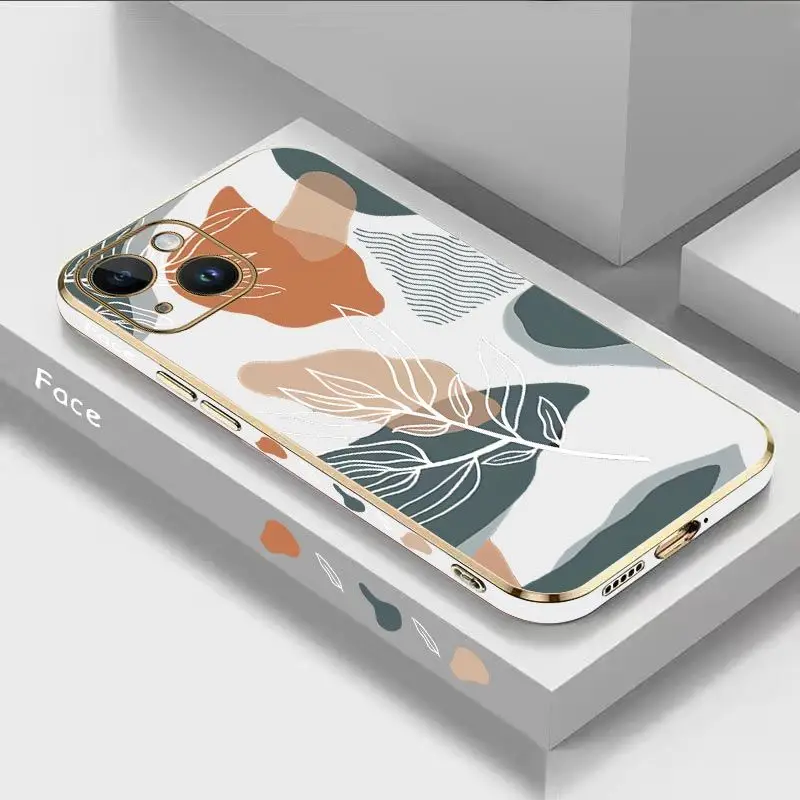 Wavy Leaves Luxury Plating Phone Case For iPhone 14 13 12 11 Plus Pro Max Mini X XR XS SE2020 8 7 6 6S Plus Cover