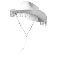 woman western cowboy hat bridal white diamond fringe with adjustable drawstring for stage show masquerade party costume dress up