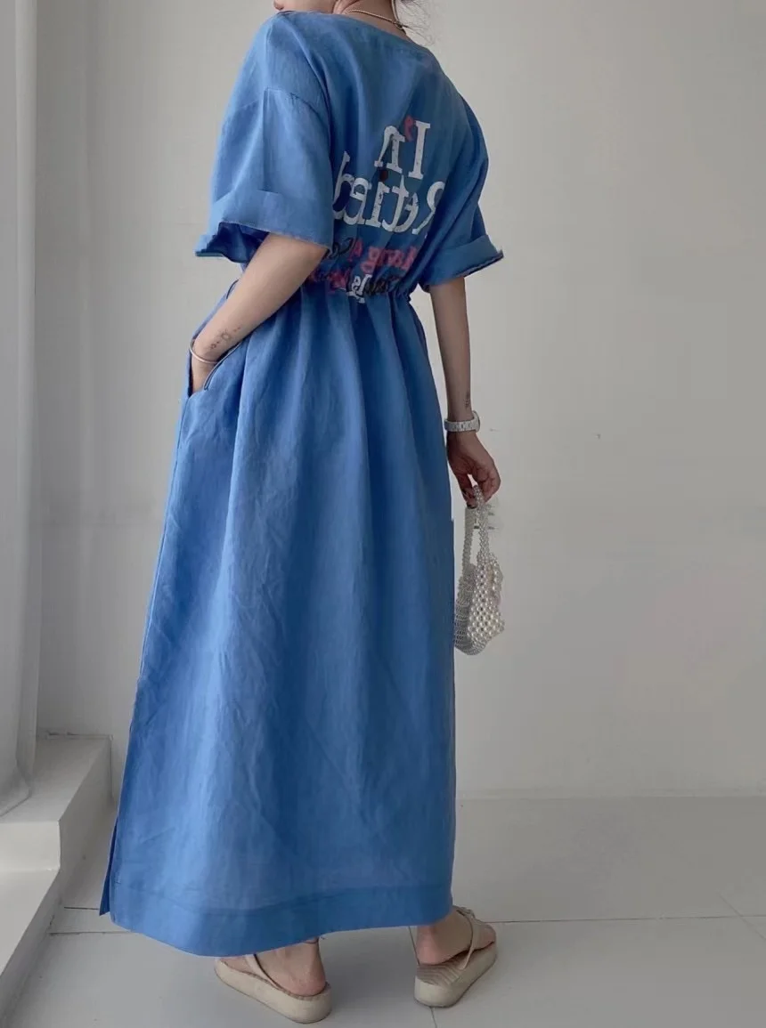 

Letter Printing Lazy Off Casual Dress Maxi 2023 Summer Blue Black Casual Korean O-Neck Holiday Vestido De Mujer Graffiti Jurken