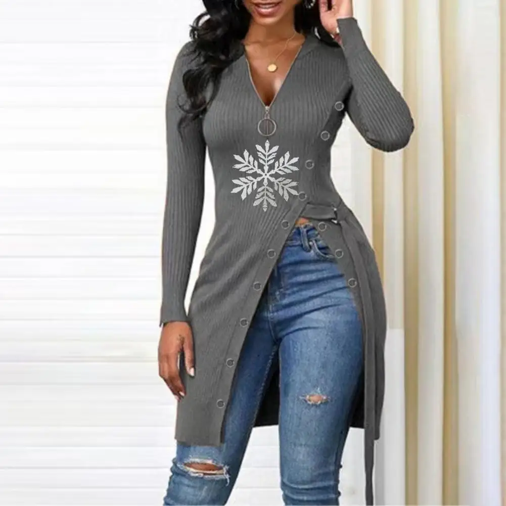 

Women Blouse Snowflake Pattern Zipper Neckline V Neck Spring Autumn Split Irregular Pullover Top Female Clothing Streetwear