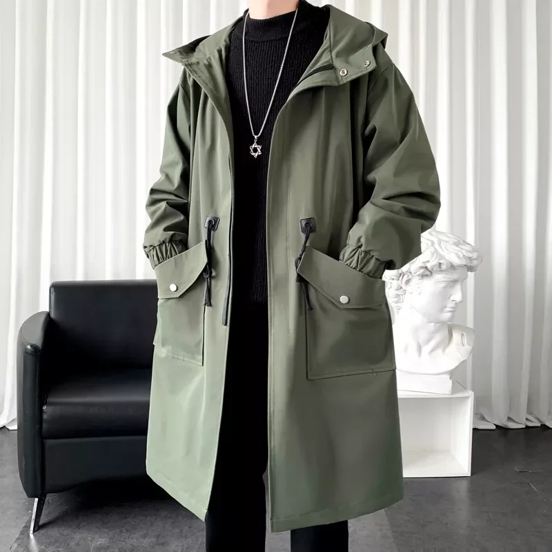 

New2022 Trench Coat Jacket Men Cotton Autumn Spring Black Hip Hop Japanese Coats Streetwear Men's Hooded Green Casual Jacket