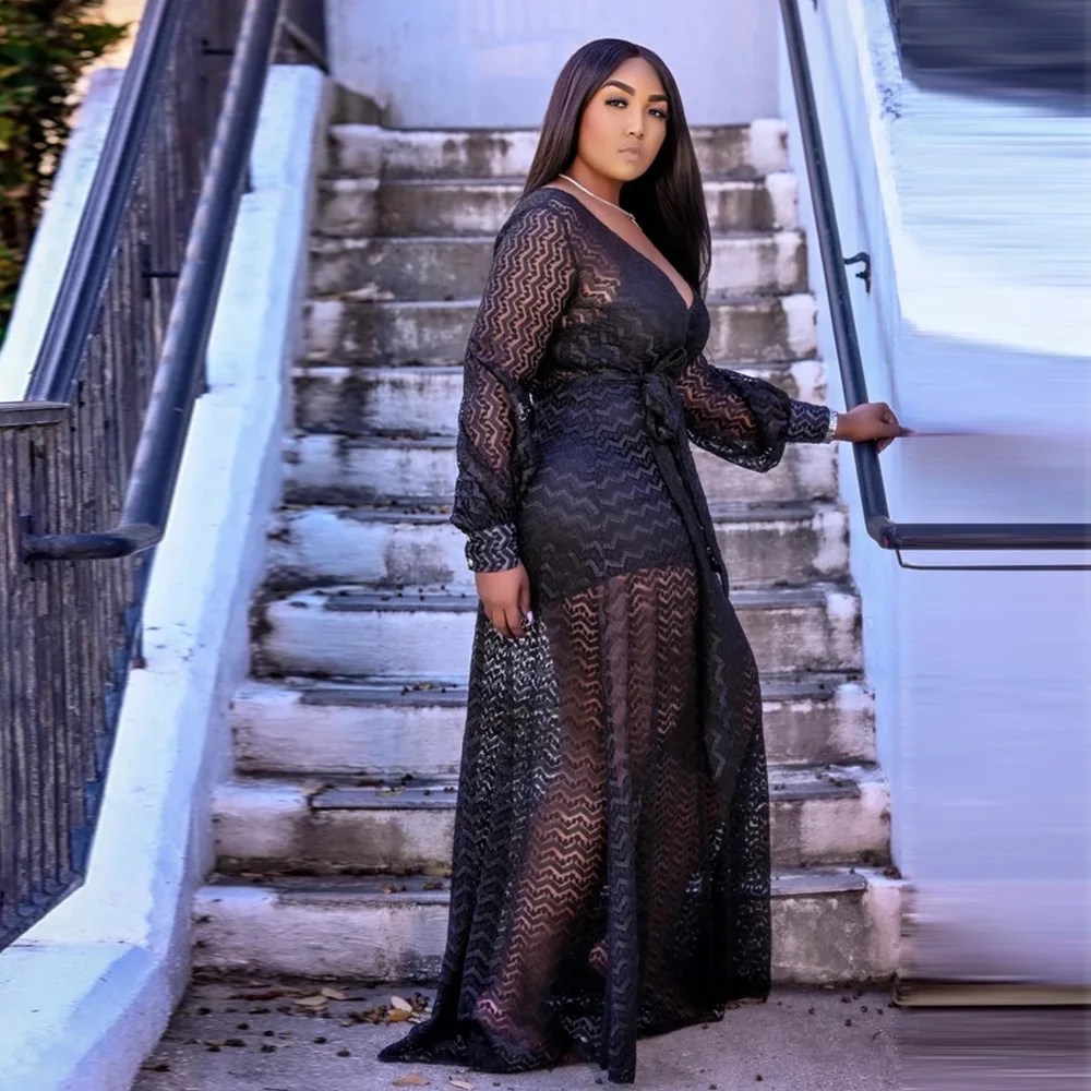 Plus Size Women Party Dresses Elegant Mesh See Through Dresses Lady Fashion Prom Evening Gown 2022 Autumn Two Piece Set Outfits