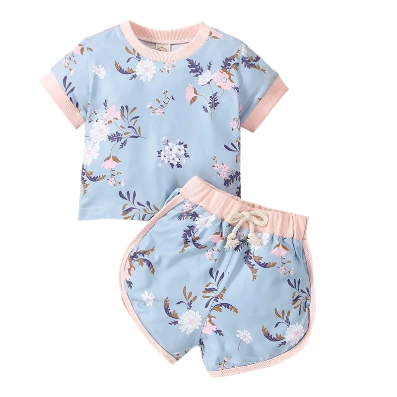 

2022 Baby Girl Tops Pants Suit Short Sleeve Floral Blouse Casual Shorts 2pcs Children's Clothing Sets