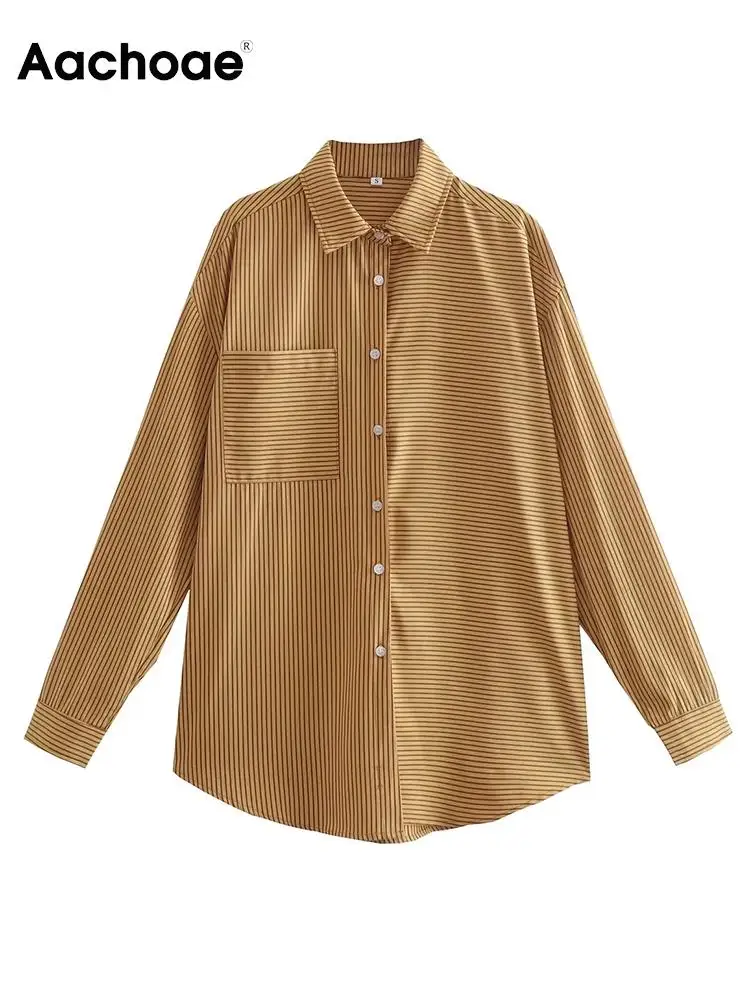 

Aachoae Women Casual Striped Printed Blouses Shirts Turn Down Collar Long Sleeve Shirts Ladies Button Up Loose Shirts