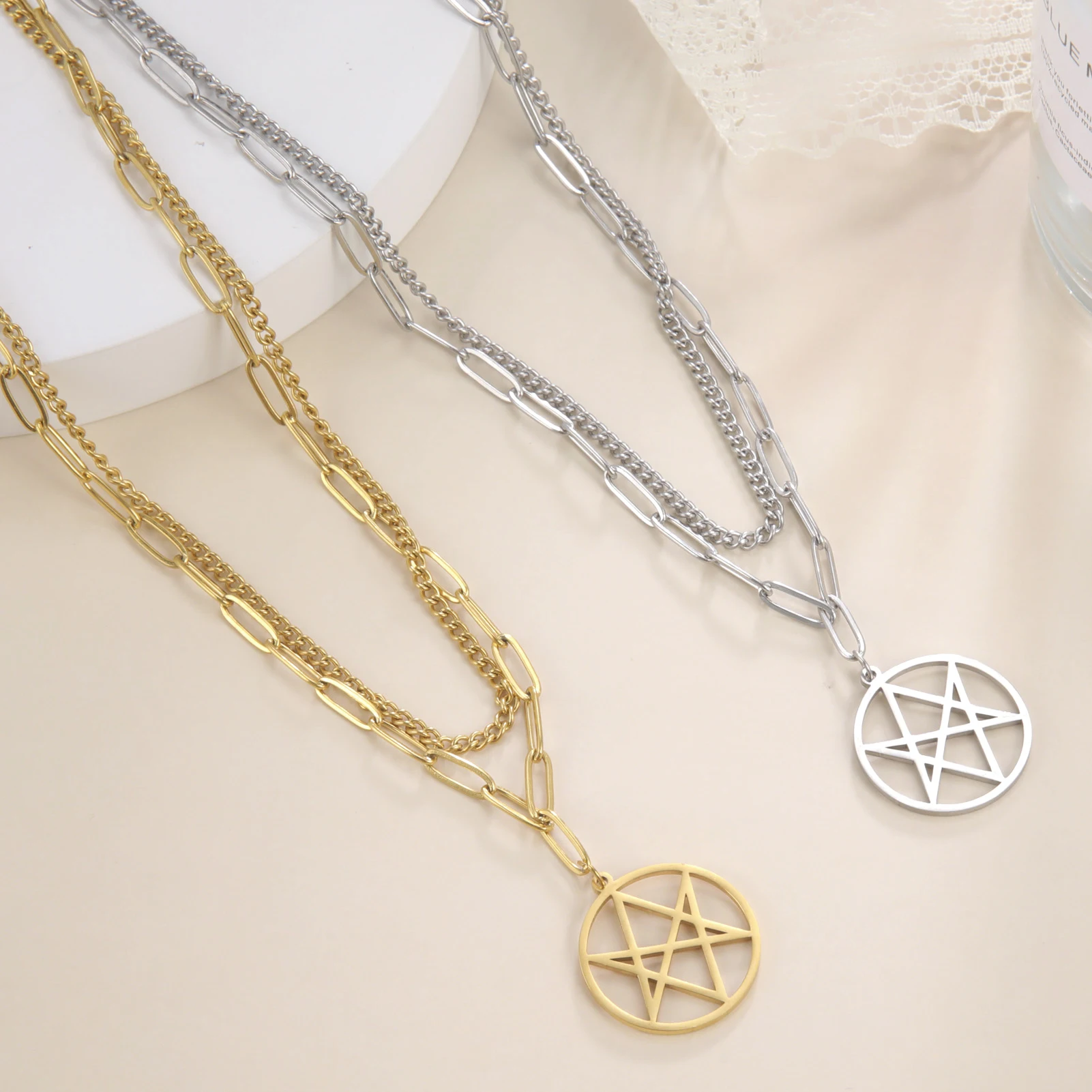 

Cut Stainless Steel Six-Pointed Star Double Layer Chain Pendant Necklace For Women Men Punk Simple Jewelry Anniversdary Gifts