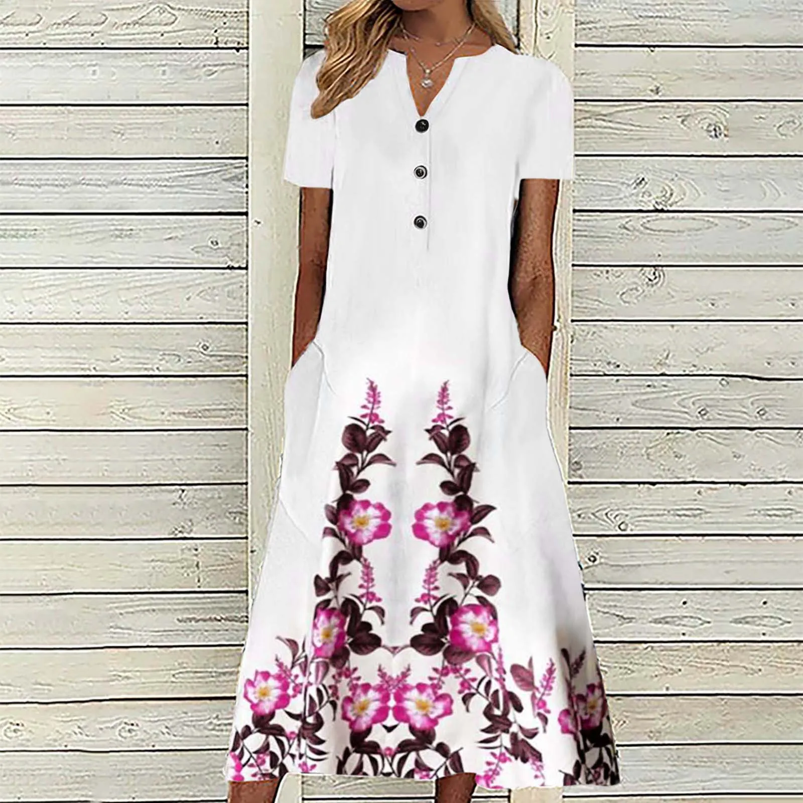 

Women V Neck Dresses Short Sleeve Button Printing T Shirt Midi Dress Casual Loose Sundress With Pockets Dress Short Sun Dress