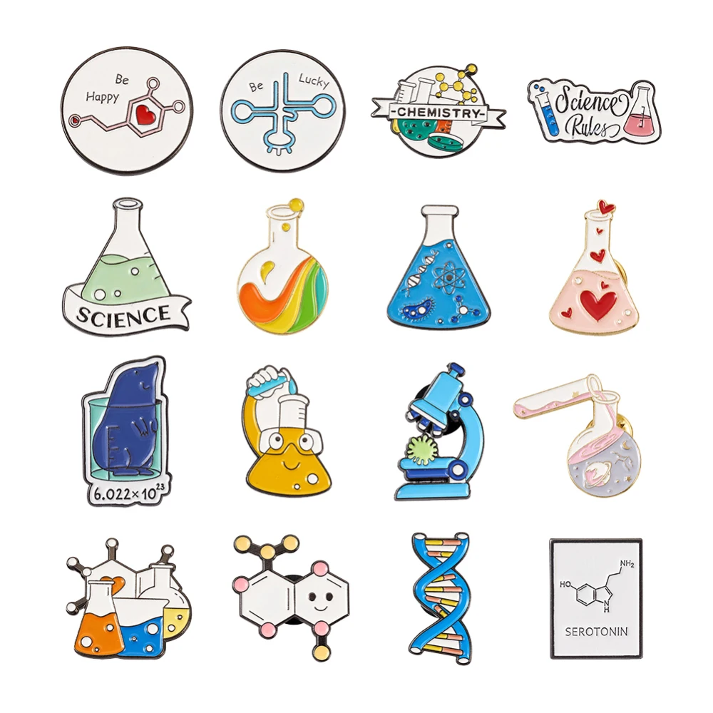 

16Pcs Chemistry Science Alloy Enamel Brooches Set Microscope Gene Strand Laboratory Flask Test Tube Pin Jewelry Gift for Friends