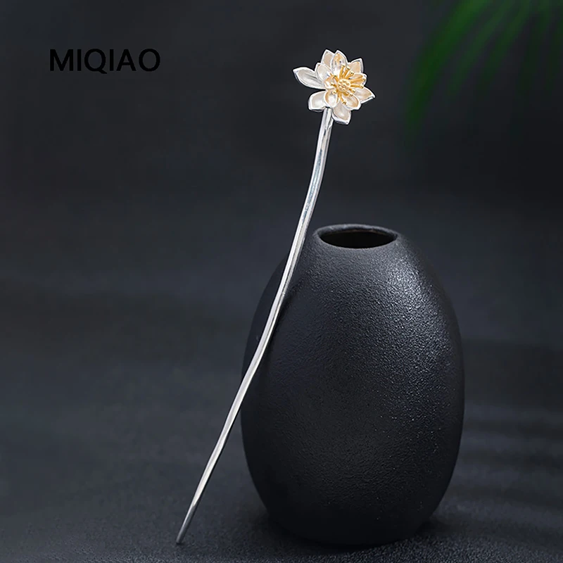MIQIAO S925 Sterling Silver Chinese Flower Accessories Hair Stick Jewelry For Women Hanfu Head Jewelry Luxury Lotus Hairpin
