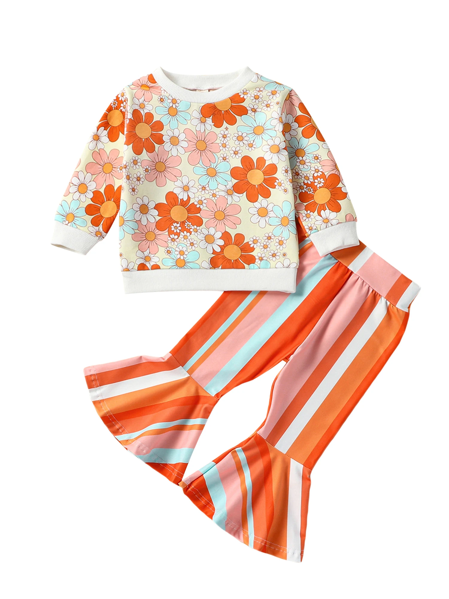 

2023-06-06 Lioraitiin 0-5Years Toddler Girl 2Pcs Fall Clothes Flower Print Long Sleeve Sweatshirt Tops Stripe Flare Pants Set