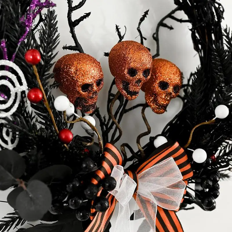 Венок на Хэллоуин венок переднюю дверь с черепом бантом и черные ветки