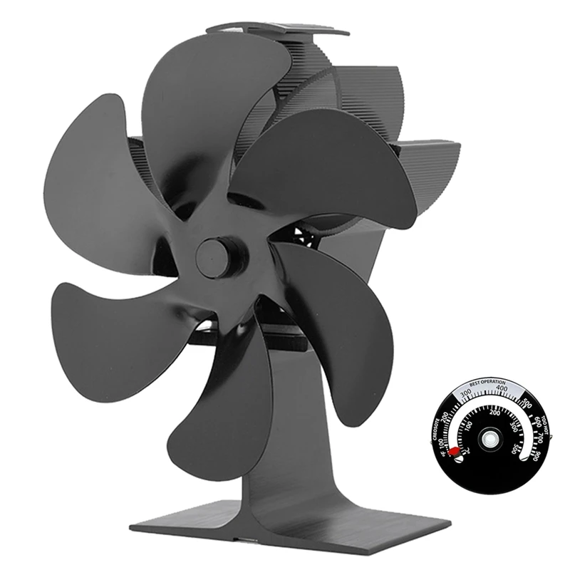 

6 Blades Stove Fan Nopower Supply Required Automatic Silence Energy Saving Eco Fan Indoor Air Circulation W/ Thermometer