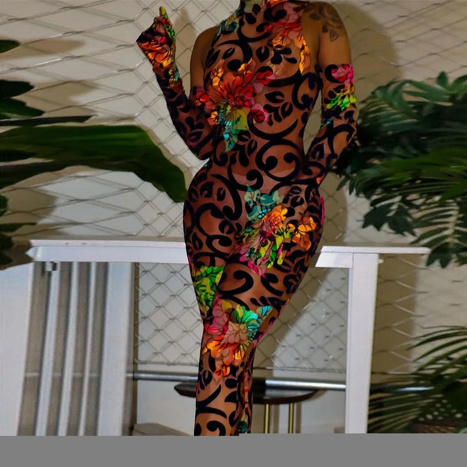 Women Floral Bodycon Skinny Stretch Oversleeve Jumpsuit High Street INS Female Party One Piece Suit Playsuit with Gloves