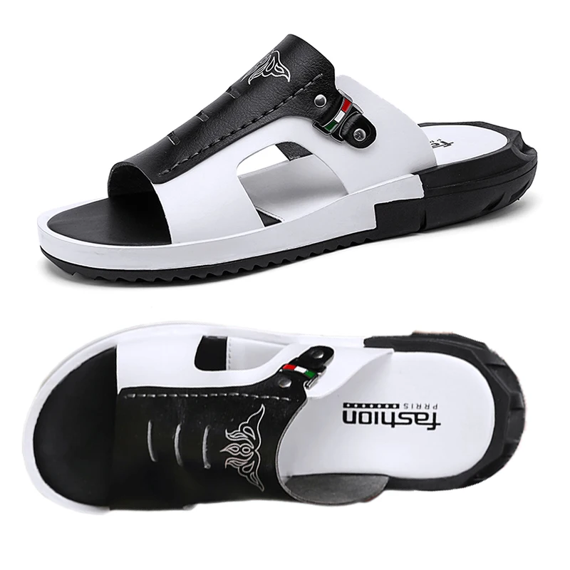 Мужские шлепанцы Летние кожаные сандалии нескользящая износостойкая пляжная