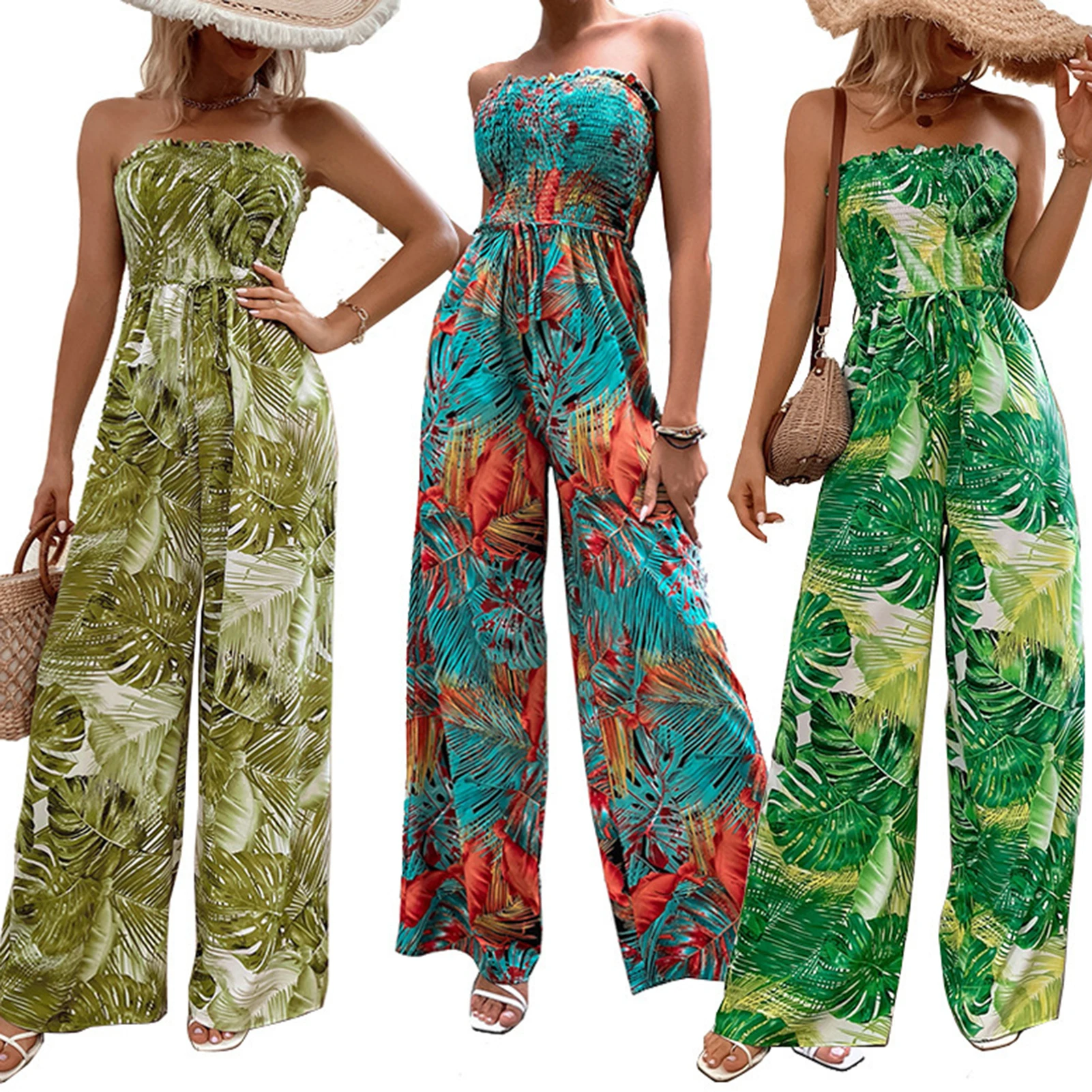 

Summer Sleeveless Wrapped Chest Jumpsuit Pleated Print Wide Leg Jumpsuit Thin High Waisted Daily Outfit