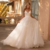 sexy lace appliques a line spaghetti straps wedding dresses v neck off the shoulder floor length tulle backless bridal gowns
