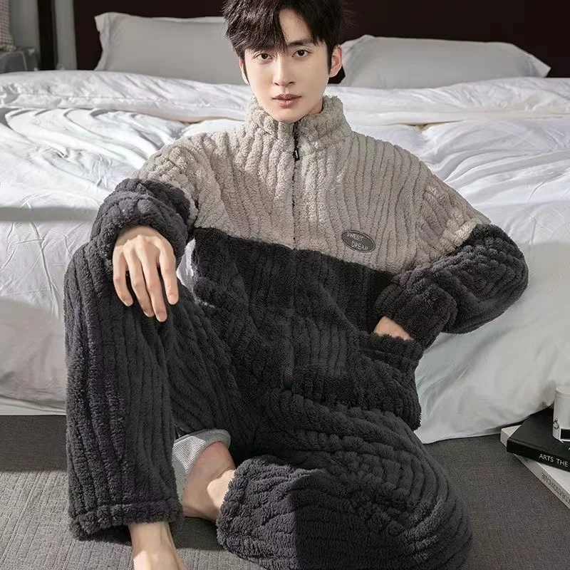 Мужские пижамные комплекты зима 2024 утепленная теплая одежда для сна ночная