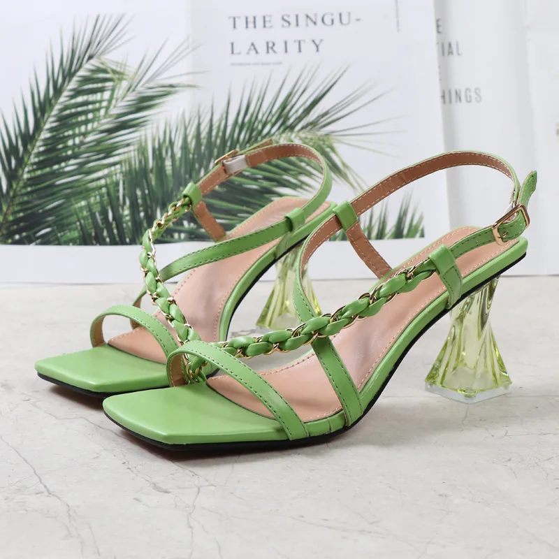 

Женские босоножки на высоком каблуке 8 см, зеленые кожаные босоножки с прозрачными вставками на низком каблуке, синие вечерние повседневные...