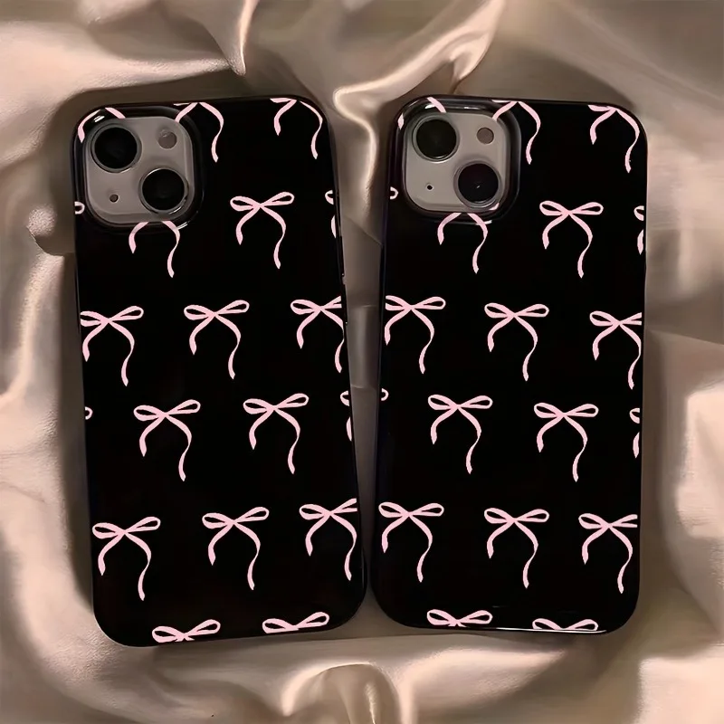 Фото Черно-розовый чехол для телефона с ручной росписью в виде банта для iPhone 17, 16, 15, 14, 13, 12, 11 Pro Max Plus, противоударный, с защитой объектива, антиударный №2