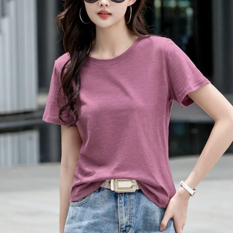 Летняя базовая хлопковая футболка для женщин 2025 года корейский стиль женская
