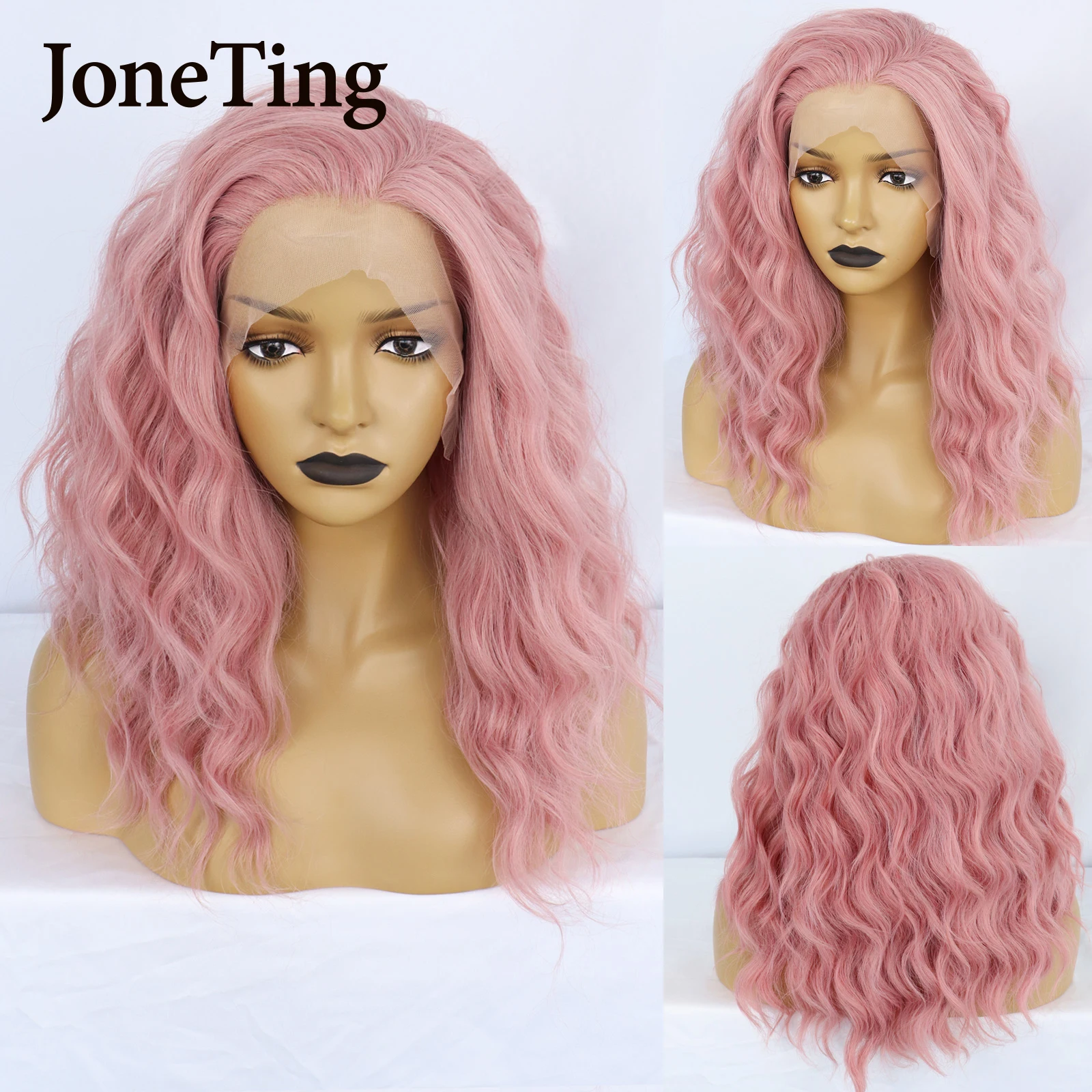 JT Synthetic Short Pink Lace Front Wig Natural Hairline BOb Wave Lace Wigs with Side Part Heat Resistant Fiber Cosplay Wig Women