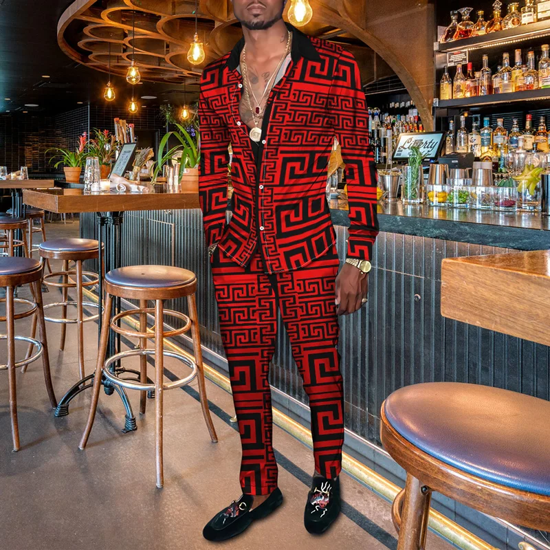 2022 Fashion dress party Suit Men's creative geometry Print Long Sleeve Shirt Pants 2 Piece Set Oversized Casual Wear Hip Hop
