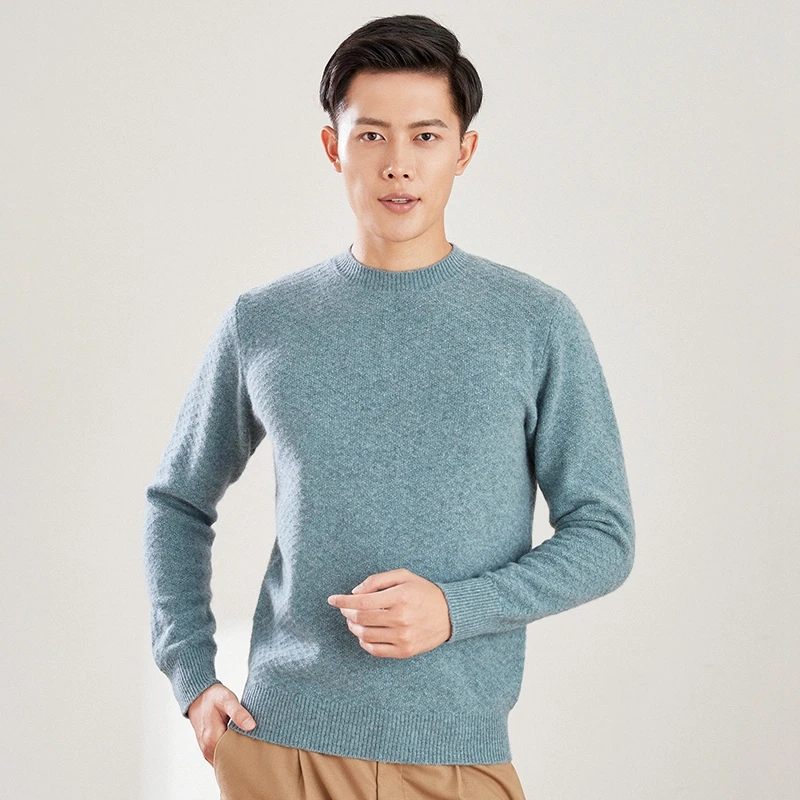 Men's 100% pure wool cashmere sweater round neck fashion knitted pullover autumn and winter casual thick