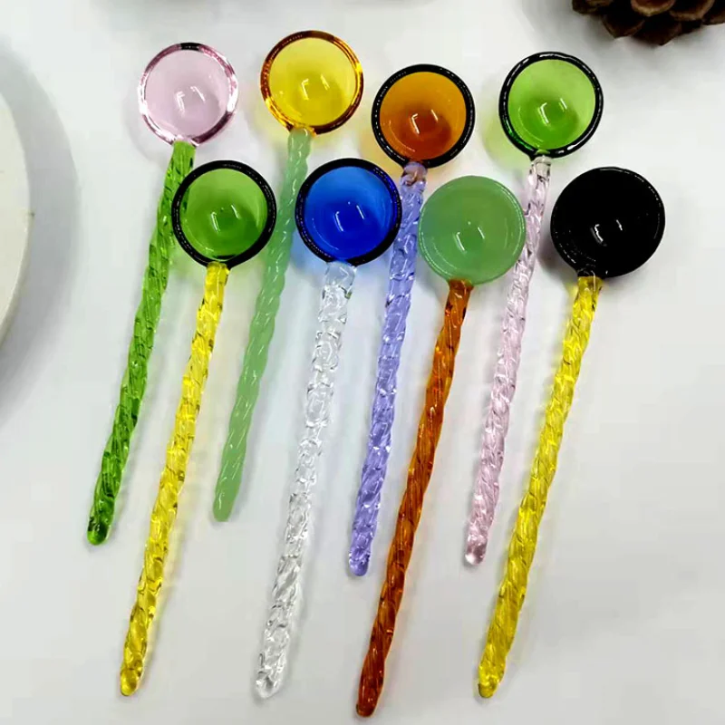 

2pcs Glass Milk Spoon Colored Transparent Coffee Dessert Stirring Spoon Long Handle Kitchen Tableware Stirrer Rod