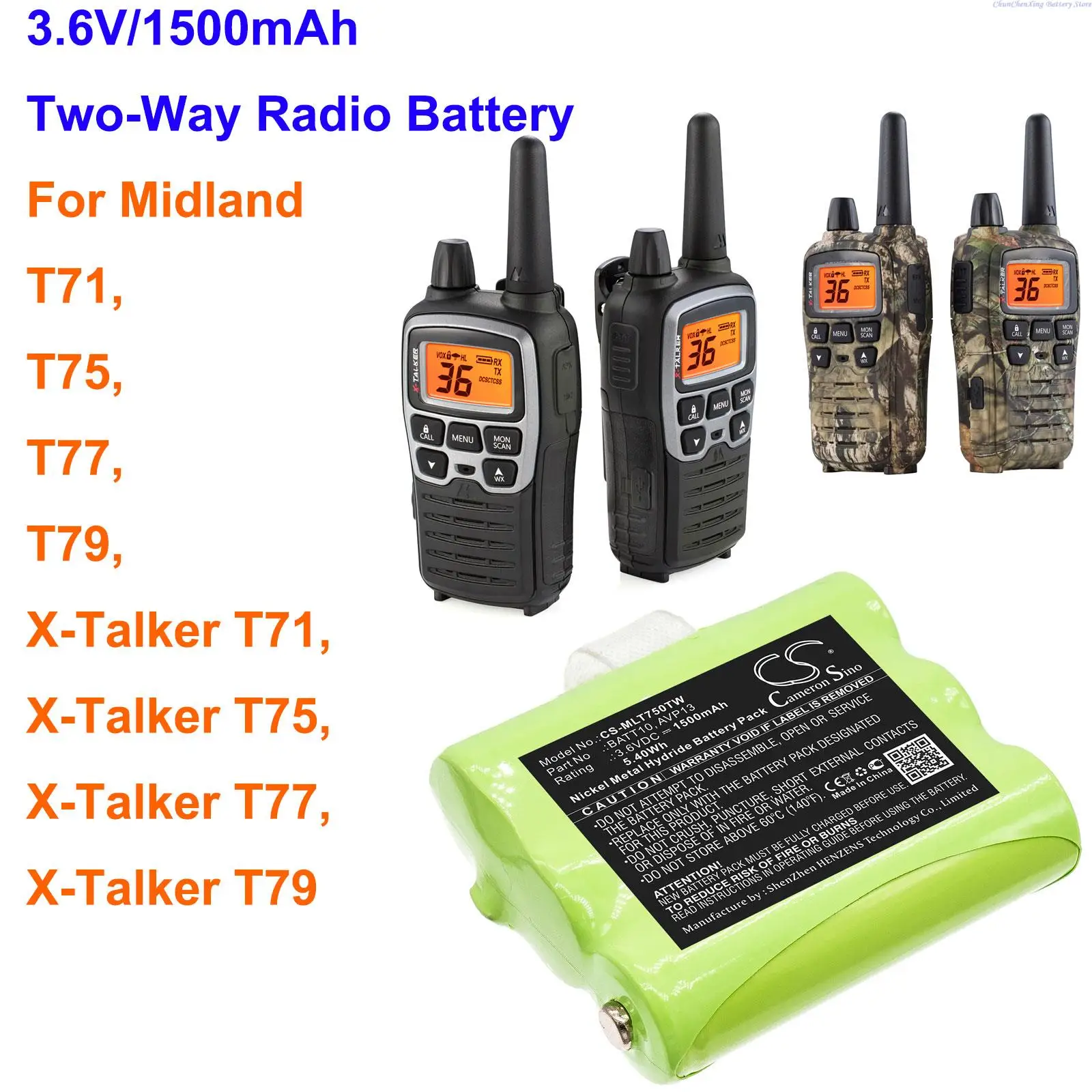 

1500mAh Two-Way Radio Battery BATT10, AVP13 for Midland X-Talker T71, X-Talker T75, X-Talker T77, X-Talker T79