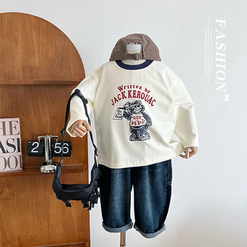 

2023 Autumn New Children's Wear Korean Letter T-shirt for Boys and Girls Versatile Cartoon Bear Long Sleeve Underlay