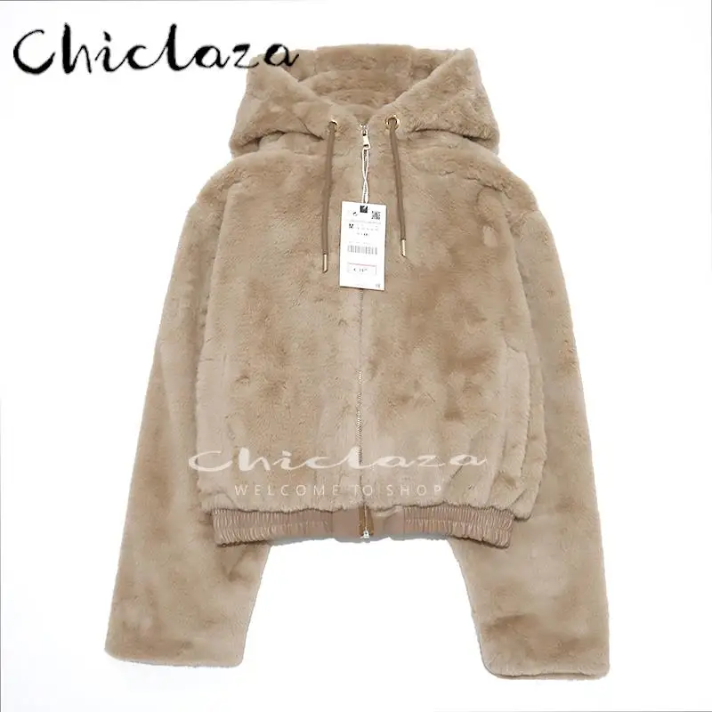 

CHICLAZA 2022 Winter Women Fashion Zip Faux Fur Hooded Jacket Coat Female Solid Color Keep Warm Top Outerwear