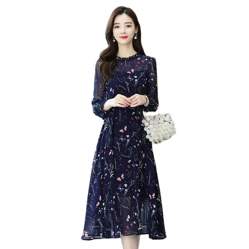 

New Autumn Gentle Wind French Niche Floral Chiffon Dress Womens Round Neck Waist Covering Meat Long Sleeve Temperament Long Skir