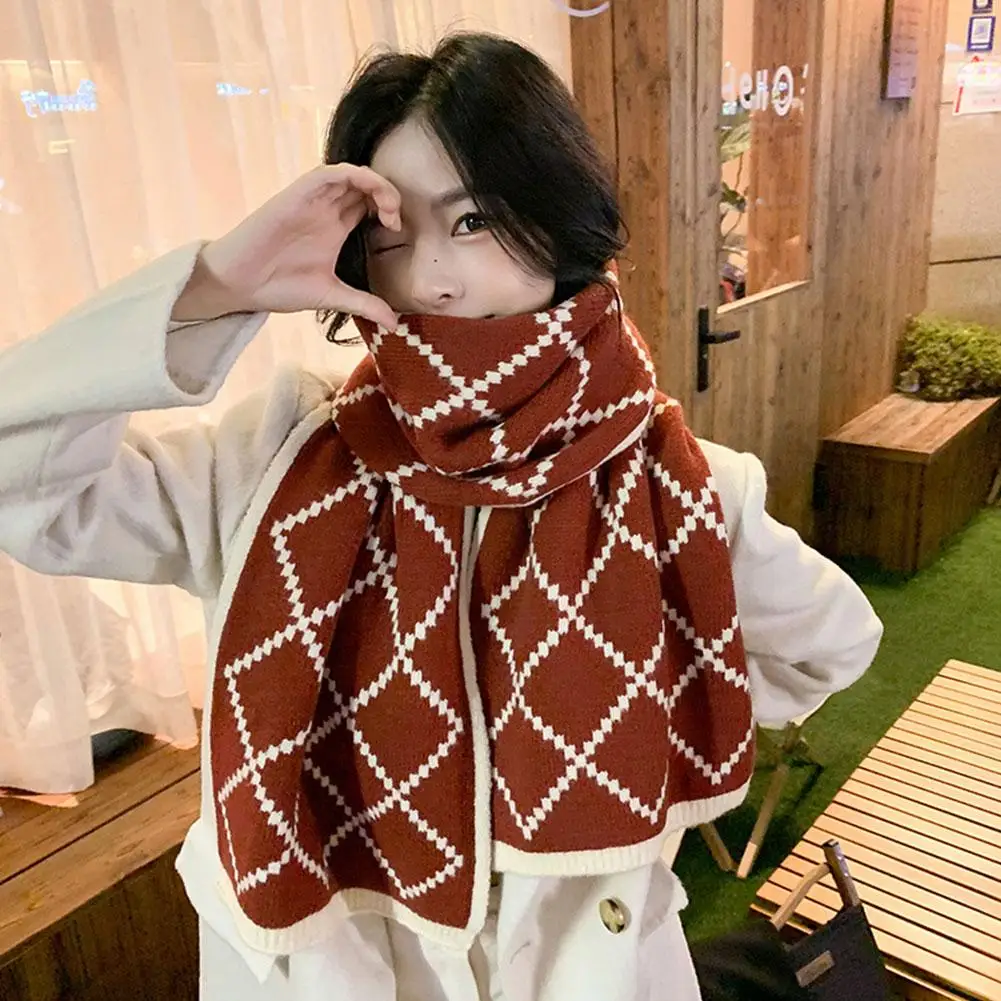 Новогодний рождественский клетчатый вязаный шарф женский зимний теплый