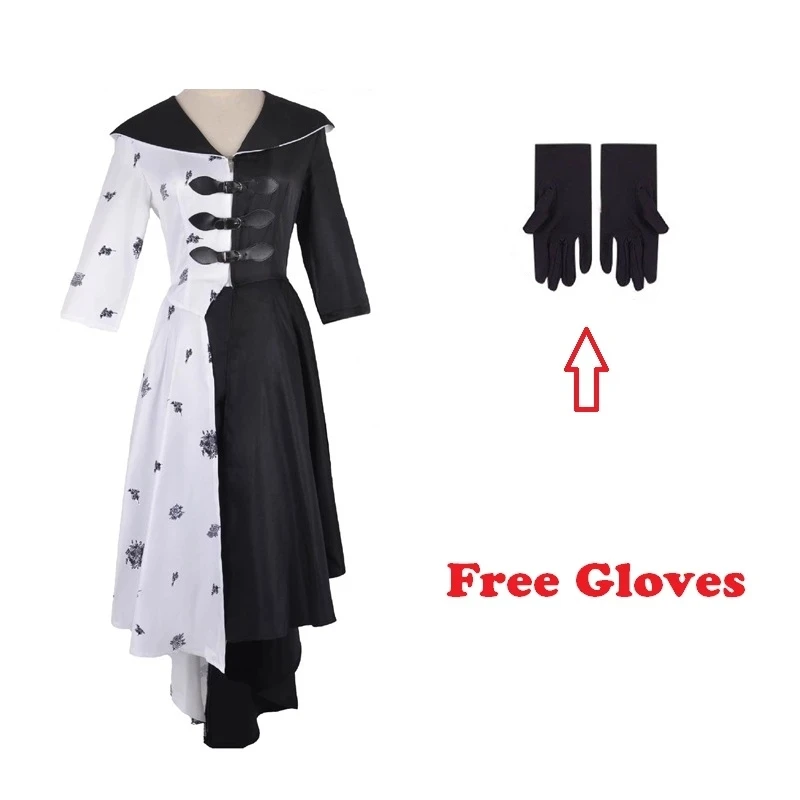 

Женский костюм горничной Cruella De Vil, черно-белый костюм горничной с перчатками, Искусственные парики