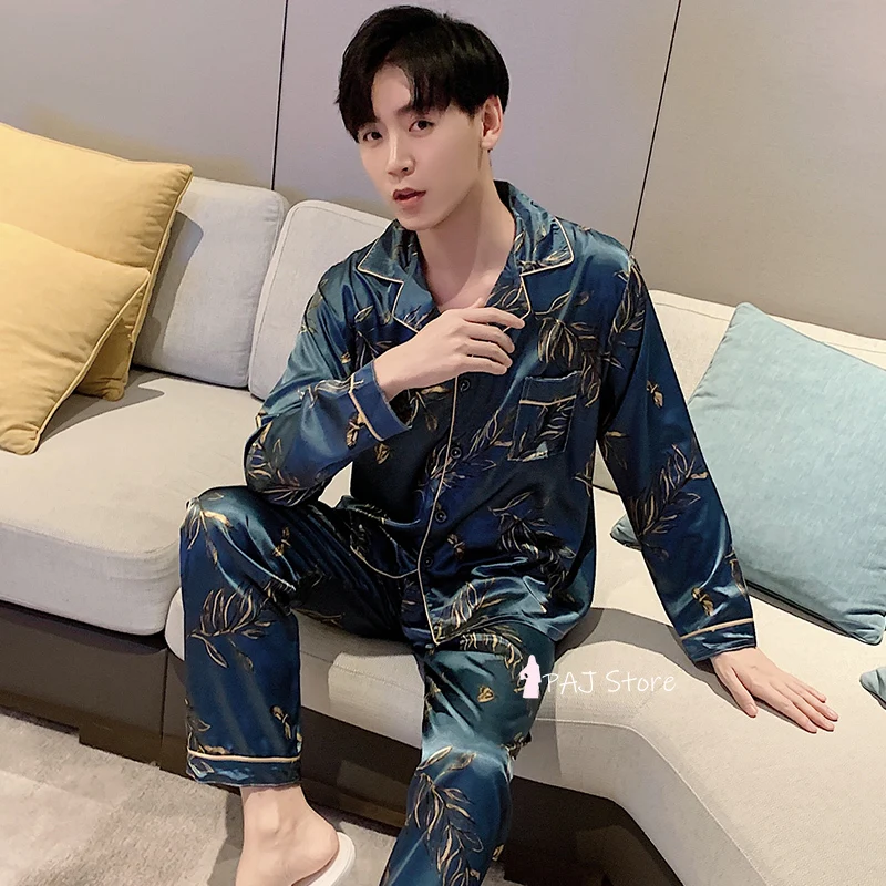 QUHENG Pajamas for Men Long Sleeve Satin Black Silk Pajamas Set New Home Wear Autumn Pijamas Lounge Wear Man Sleepwear for Suit